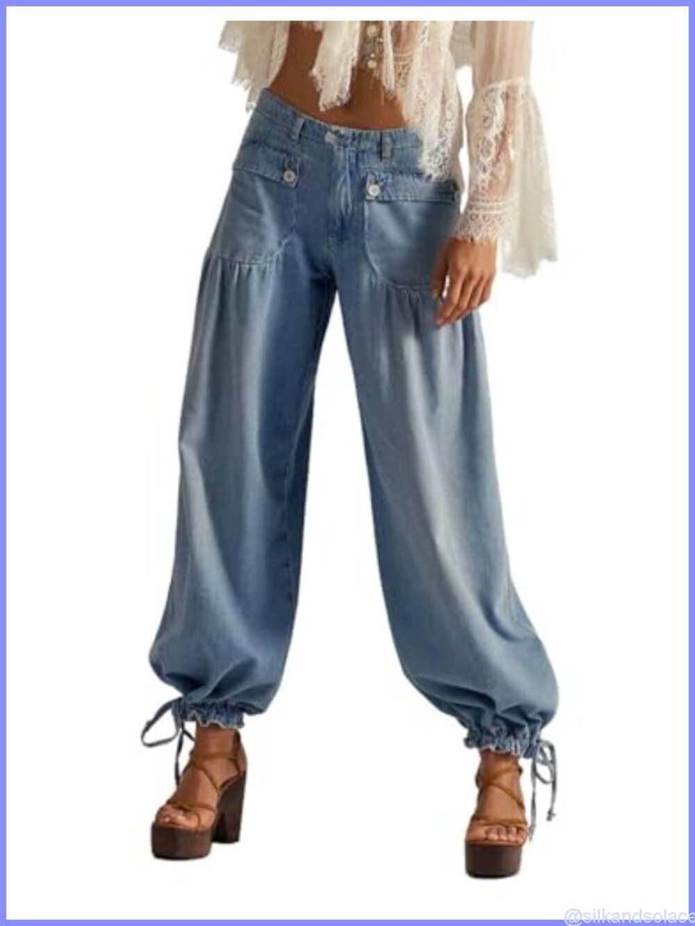 Baggy Harem Jeans Boyfriend Low Rise Adjustable Ankle Tie Straight Denim Pants